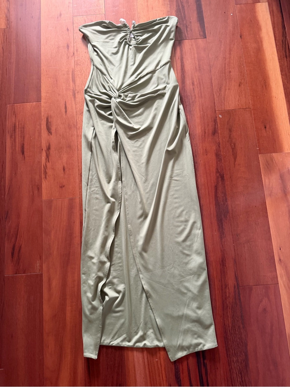 Strapless Olive Green Twist-Front Maxi Dress